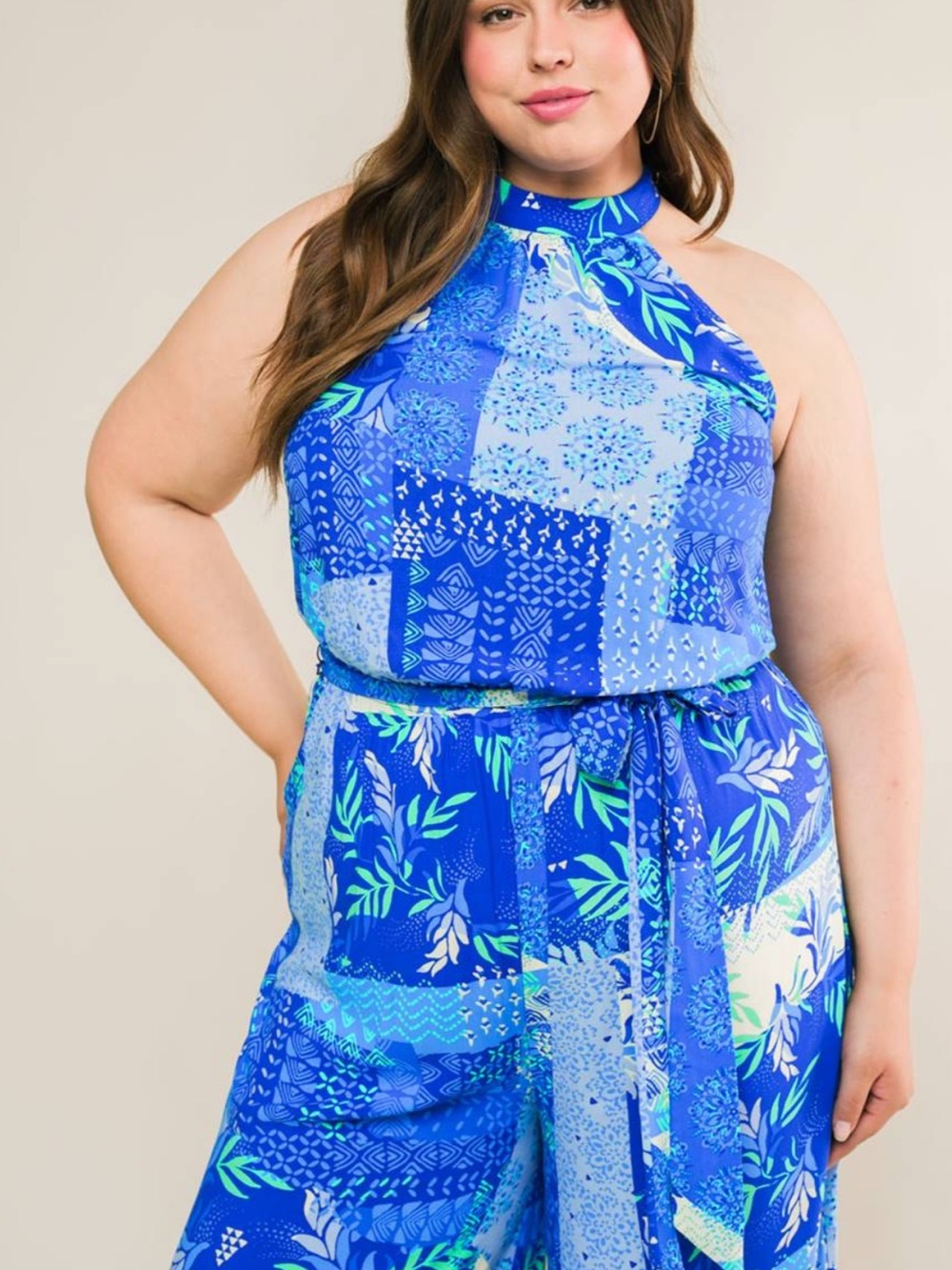 💕PLUS Flying Tomato Halter Patchwork Print Jumpsuit - Picture 8 of 10